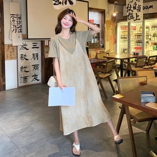 Niche unique splicing suspender fake two-piece dress women's summer loose slim casual long dress