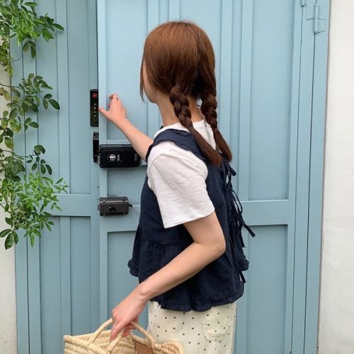 Korean chic retro temperament cute and versatile plaid back lace-up bow and ear-trimmed vest top