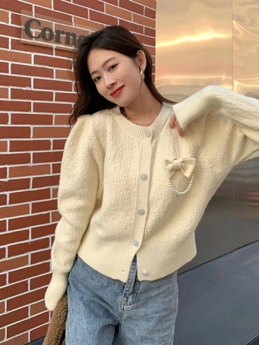 2024 Spring and Autumn Small Fragrance Style Knitted Cardigan Jacket Women's Sweet Temperament Bow Puff Sleeve Sweater for Little People