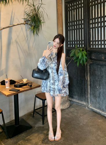 Real shot ~ Zen new Chinese style animal print embroidery design off-shoulder shirt for women A-line dress