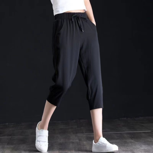 Ice Silk Cropped Pants Women's Summer Thin Large Size Small Foot Harem Pants New Hollow Splicing Medium Pants Casual Pants