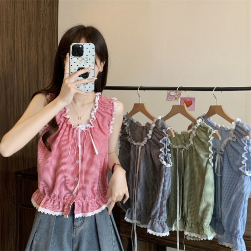 Actual shot of new sweet design plaid shirt vest for women sleeveless off-shoulder two-piece top