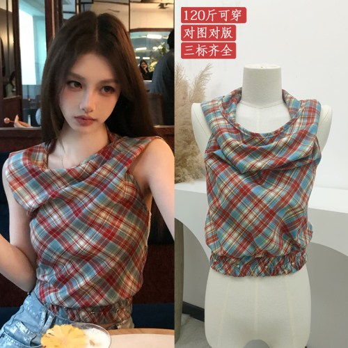 2024 Summer New Retro Red Plaid Swing Collar Top Women's Summer Hot Girl Sleeveless Hooded Outer Wear Vest Top