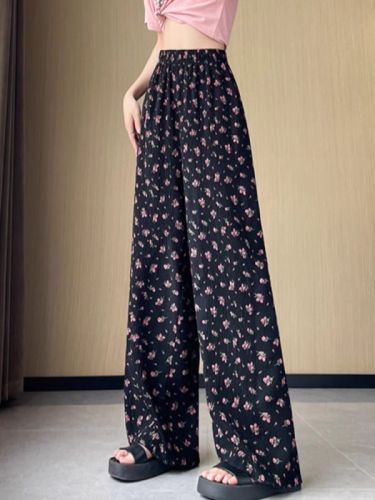 2024 Summer Loose Ice Silk Floral Wide Leg Pants Women's Summer Thin High Waist Slim Pleated Straight Casual Long Pants