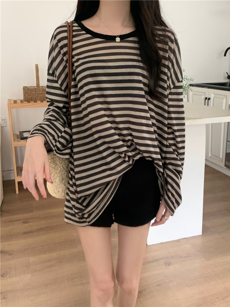 Real shot real striped trumpet long-sleeved sun protection T-shirt women's summer loose lazy style top
