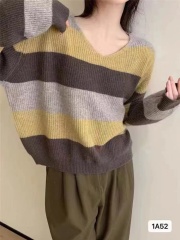 Women's Loose Long-Sleeve Collared Striped Top with V-Neck, Bohemian Style - New Arrival Korean Dongdaemun Design