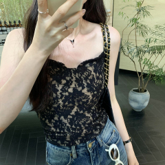 Real photos of French style, beautiful, sweet and spicy, unique and unique lace vest for women to wear in summer, super nice sleeveless V-neck top