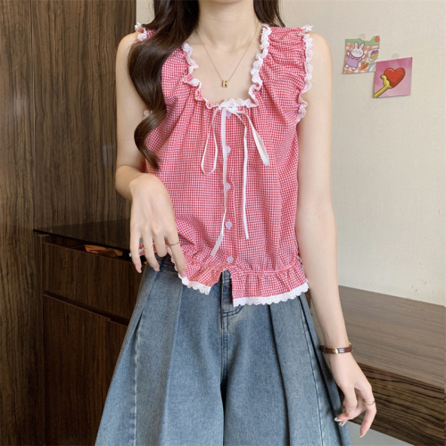 Actual shot of new sweet design plaid shirt vest for women sleeveless off-shoulder two-piece top