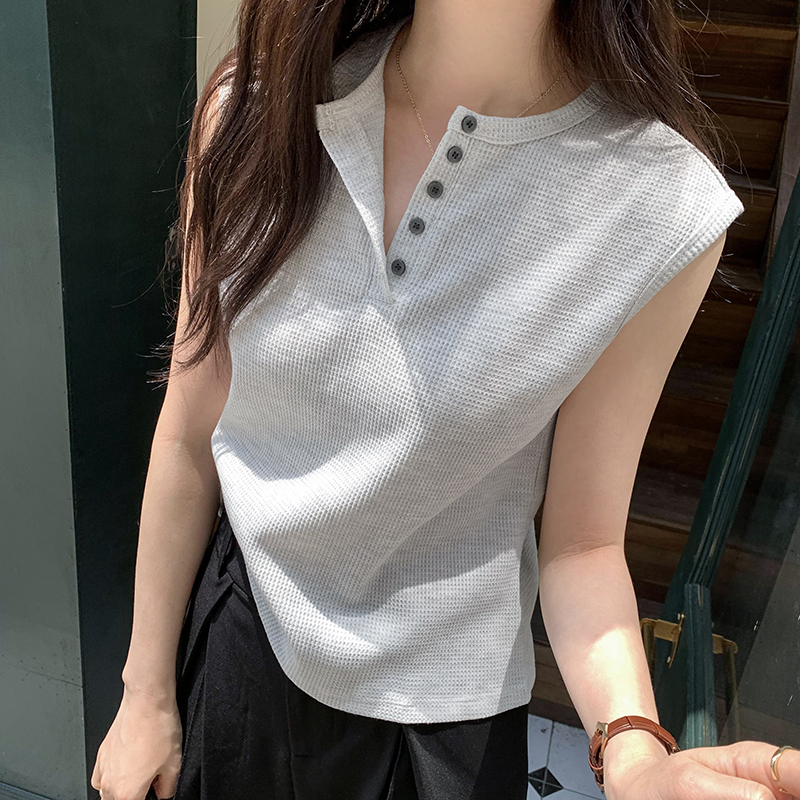 Real photos of American sleeveless sports outer wear round neck buttoned loose waffle vest for women summer high-end top