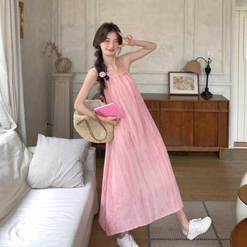 Pink suspender long skirt women's summer new seaside vacation beach dress halter neck design niche skirt