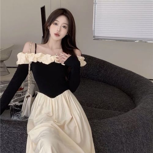 One-line collar stitching contrasting suspender dress for women autumn new French high-end slim waist and temperament long skirt