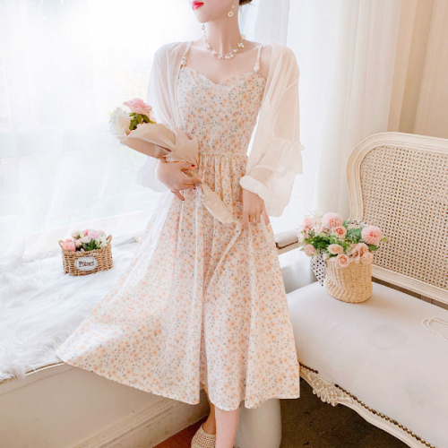 Original floral suspender dress for women summer French super fairy temperament long skirt sweet cardigan suit