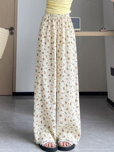 2024 Summer Loose Ice Silk Floral Wide Leg Pants Women's Summer Thin High Waist Slim Pleated Straight Casual Long Pants