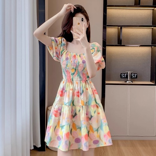 Original workmanship French gentle style dress for women summer new sweet puff sleeve waist small floral skirt