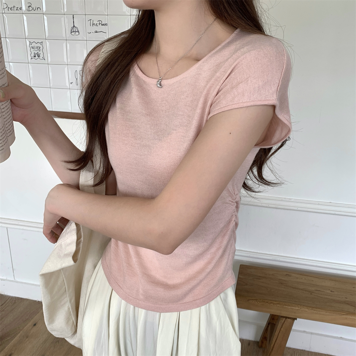 Real shot of summer Korean style slim round neck solid color pleated sleeves design 6 wool knitted short-sleeved top