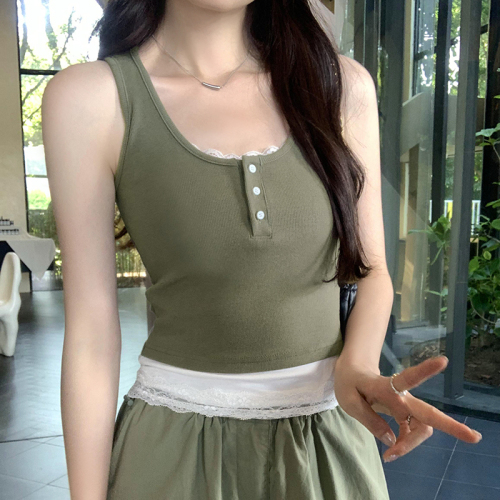 Actual pictures, design, contrasting color splicing, fake two-piece lace vest, women's new summer style, beautiful outer top