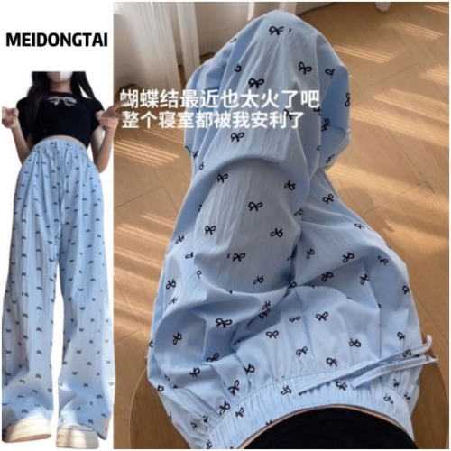 Blue bow wide-leg pants for women summer 2024 new high-waist drape casual slim lazy straight ice silk pants