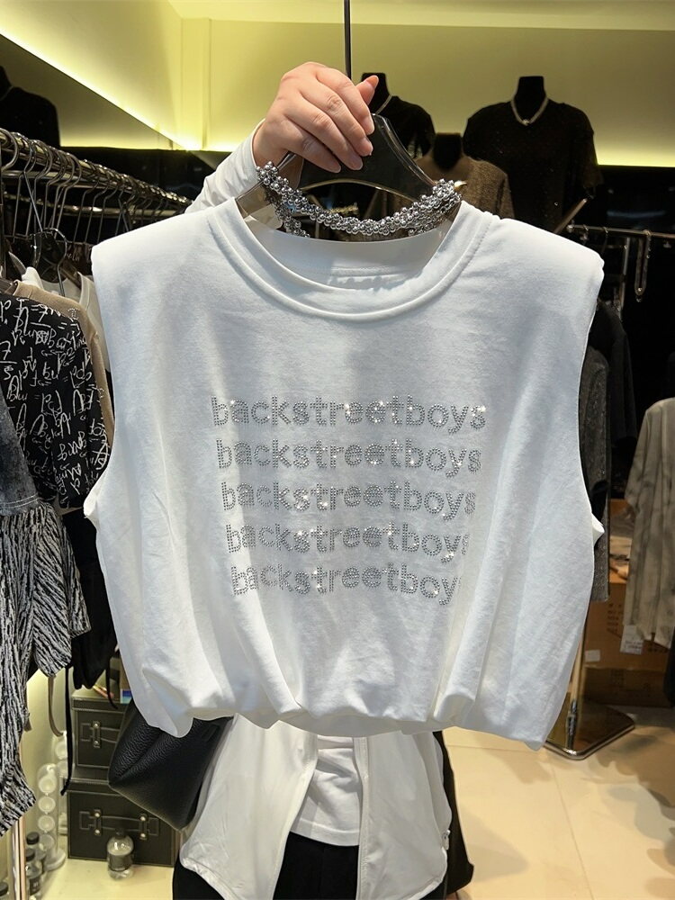 2024 white letter waistcoat vest T-shirt women's design niche summer hot diamond short sleeveless loose top