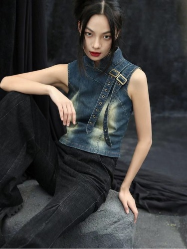 Official picture New Chinese style denim top for women summer retro pullover small stand-up collar versatile sweet and cool waist short vest