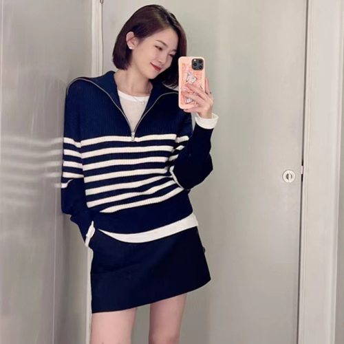 polo large lapel sweater women's half-zip turtleneck striped autumn and winter 2024 loose lazy style pullover wool sweater