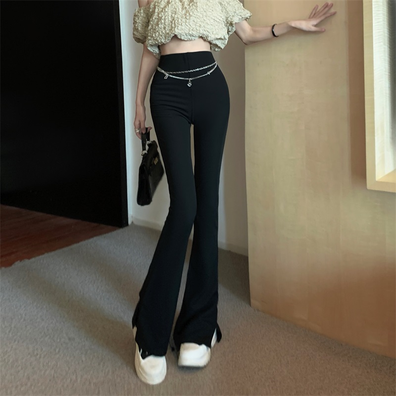 Real shot!  !  Micro-flared slit casual pants for women, new high-waist slim black straight pants