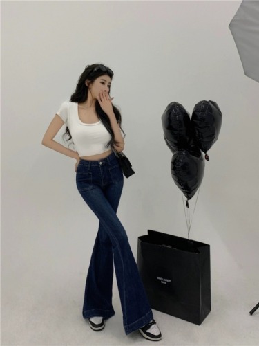 Real shot!  Double-pocket jeans, high-waisted slimming Korean style fashionable bell-bottom trousers