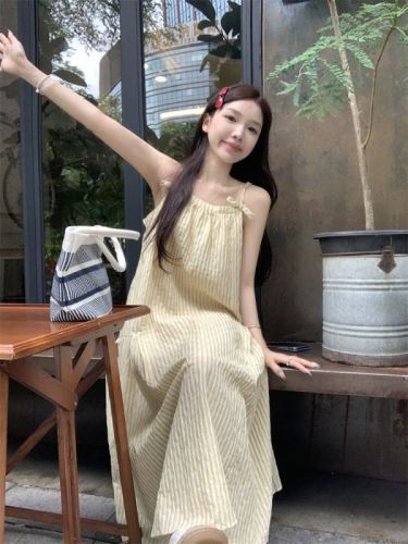 Real shot Korean style sweet loose bow striped suspender dress retro sleeveless design mid-length skirt