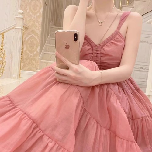 French high-end light luxury sling hanging beautiful dress fairy waist temperament socialite seaside long dress summer