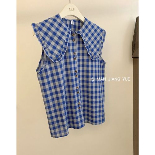 Women's retro, gentle, age-reducing, slim outer wear, doll collar top, plaid ruffled shirt and vest