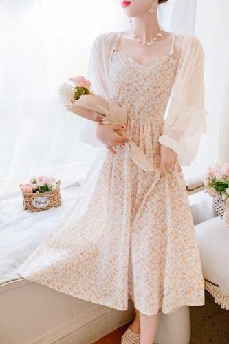 Original floral suspender dress for women summer French super fairy temperament long skirt sweet cardigan suit