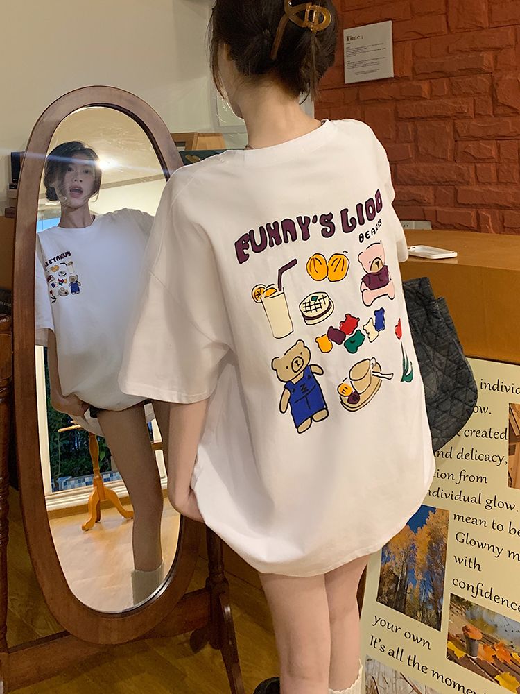 Original~Real shot~Cartoon bear front and back print cotton short-sleeved T-shirt women's versatile casual shirt loose 