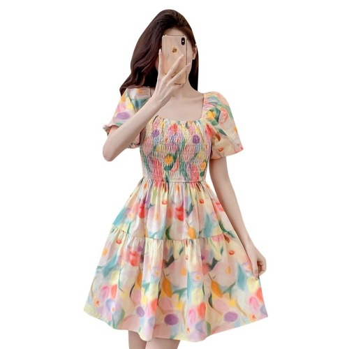 Original workmanship French gentle style dress for women summer new sweet puff sleeve waist small floral skirt