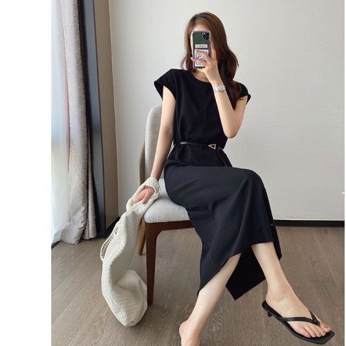 Painted black short-sleeved T-shirt dress for women 2024 spring and summer new style loose high-end chic long skirt straight skirt