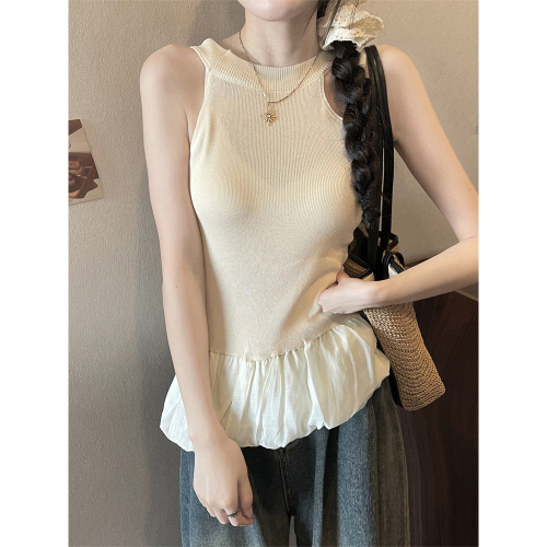 Real shot of fake two-piece patchwork vest for women, summer temperament, slimming design, niche flower bud top