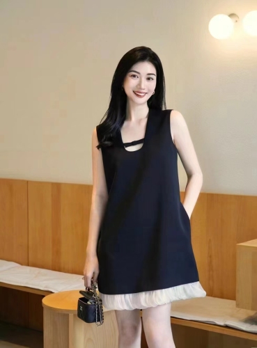 2024 new summer style French high-end hem soft gauze stitching sleeveless A-line vest dress for women