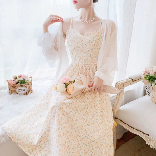 Original floral suspender dress for women summer French super fairy temperament long skirt sweet cardigan suit