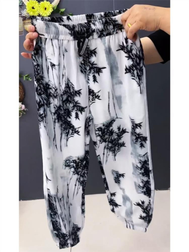 New high-end ice silk ink bamboo print pants, fashionable casual pants, versatile elastic waist nine-point harem pants