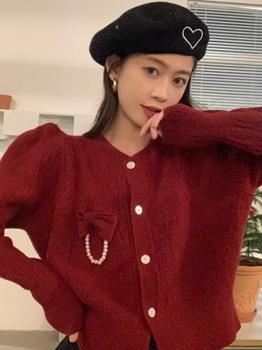 2024 Spring and Autumn Small Fragrance Style Knitted Cardigan Jacket Women's Sweet Temperament Bow Puff Sleeve Sweater for Little People