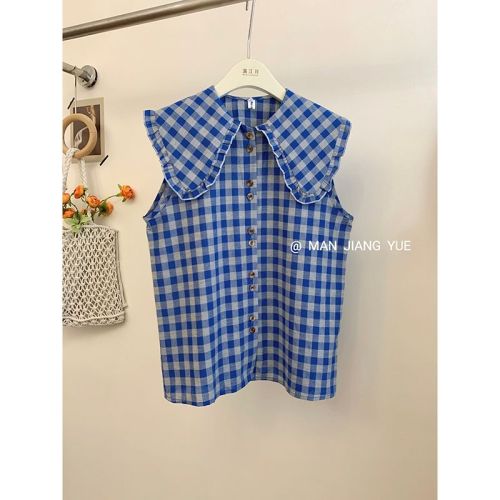 Women's retro, gentle, age-reducing, slim outer wear, doll collar top, plaid ruffled shirt and vest