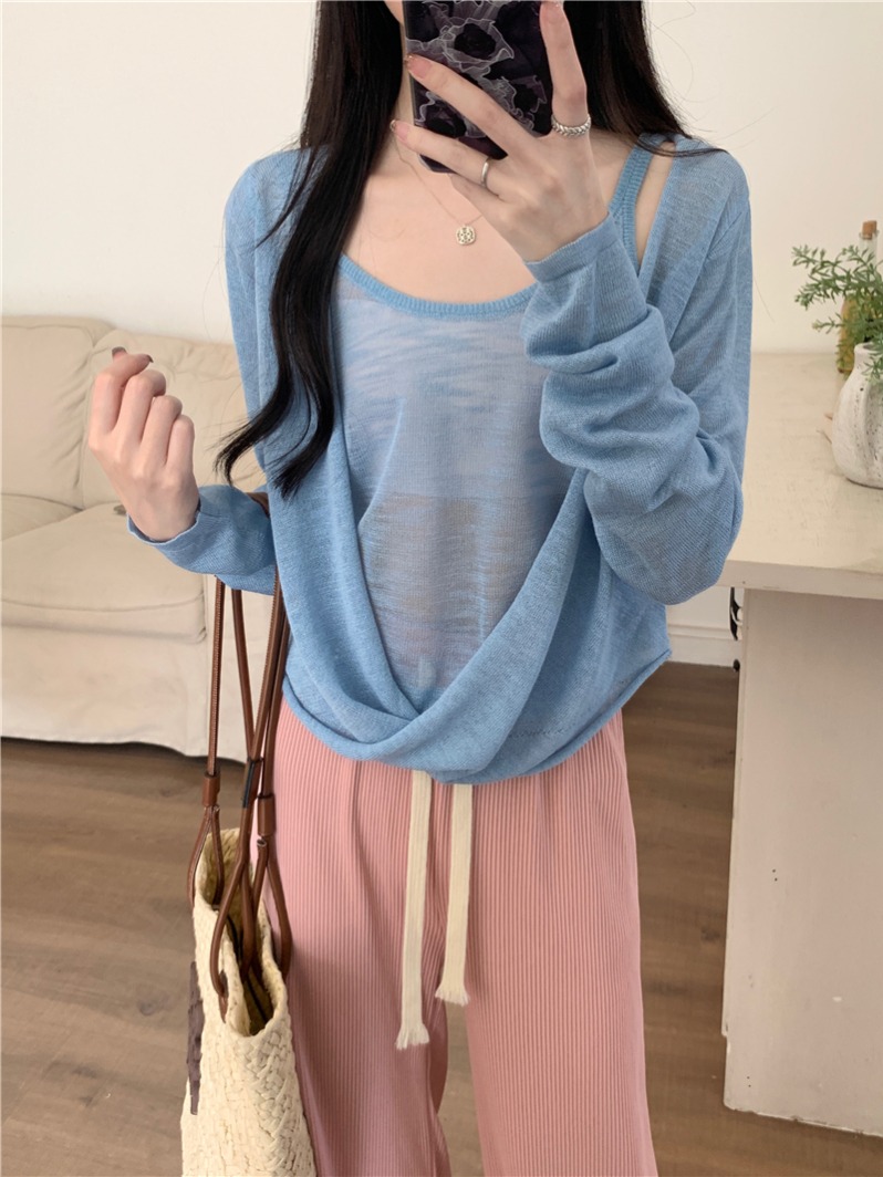 實拍 真  夏季新款防曬針織罩衫吊帶背心兩件套女上衣