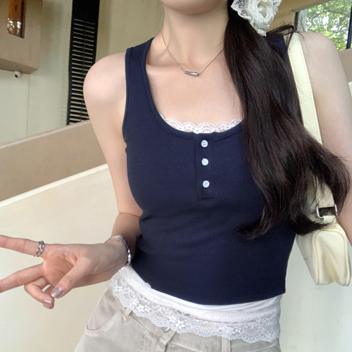Actual pictures, design, contrasting color splicing, fake two-piece lace vest, women's new summer style, beautiful outer top