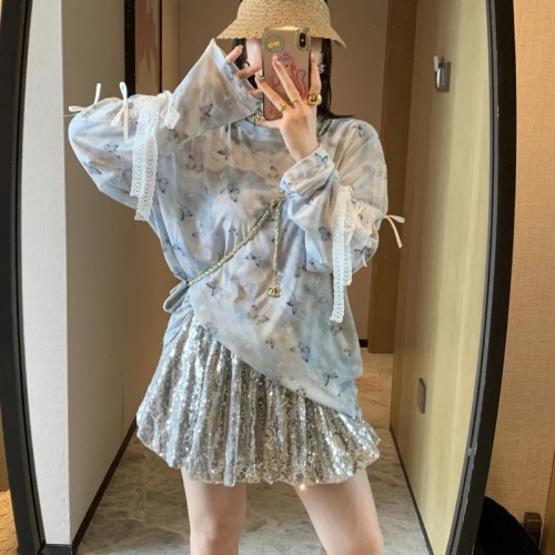 Little hot girl's new lace three-dimensional bow cute and light sun protection long-sleeved T-shirt top