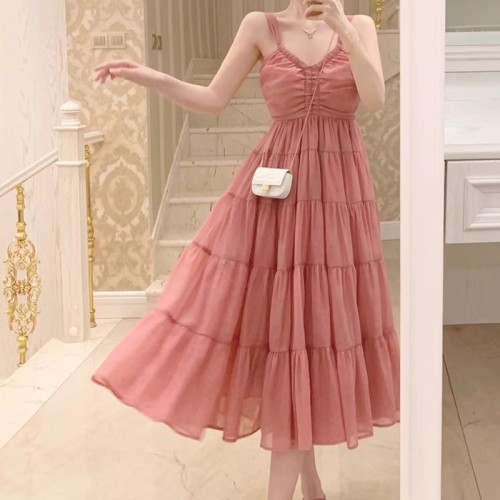 French high-end light luxury sling hanging beautiful dress fairy waist temperament socialite seaside long dress summer