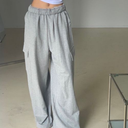 Work style large pocket casual pants high waist drawstring elastic waist leggings sweatpants