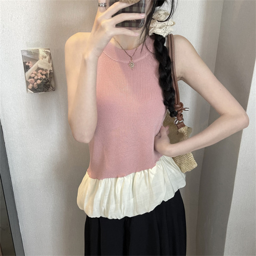 Real shot of fake two-piece patchwork vest for women, summer temperament, slimming design, niche flower bud top