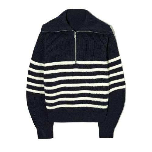 polo large lapel sweater women's half-zip turtleneck striped autumn and winter 2024 loose lazy style pullover wool sweater