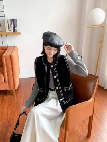 High-definition mink velvet small fragrant vest for women 2024 new autumn Korean style versatile round neck cardigan sleeveless top jacket