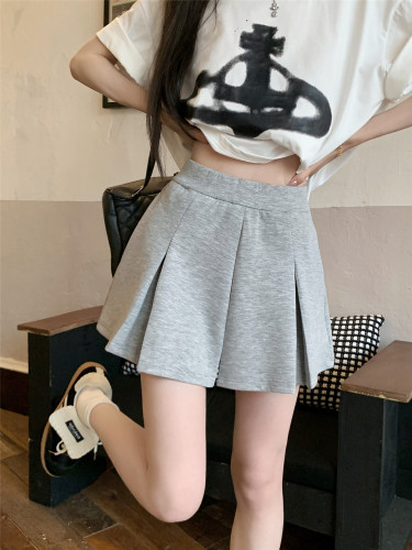 Real shot ~ Gray sports shorts for women summer 2024 new high-waist slim pleated culottes for small people