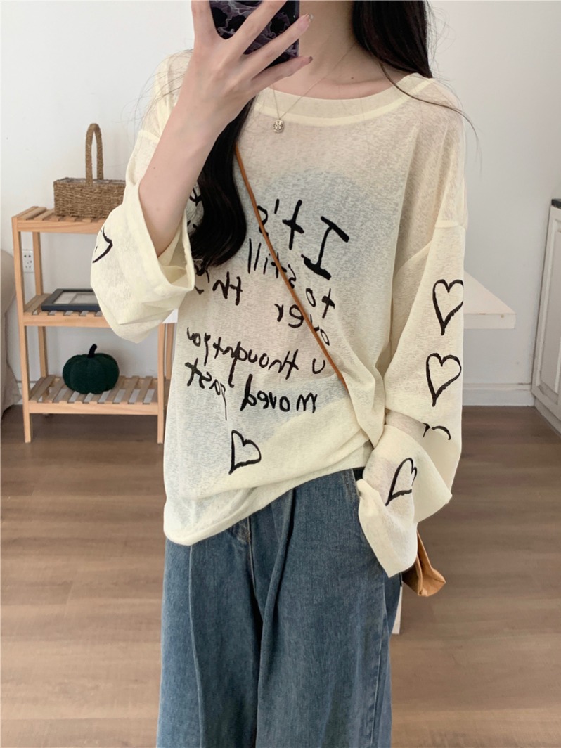 Real shot, real summer letter print long-sleeved sun protection shirt, thin loose and lazy style T-shirt