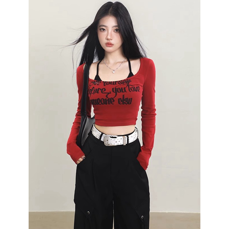 Official photo rayon rib 92 rayon 8 spandex Gothic print short long-sleeved T-shirt for women in autumn and winter